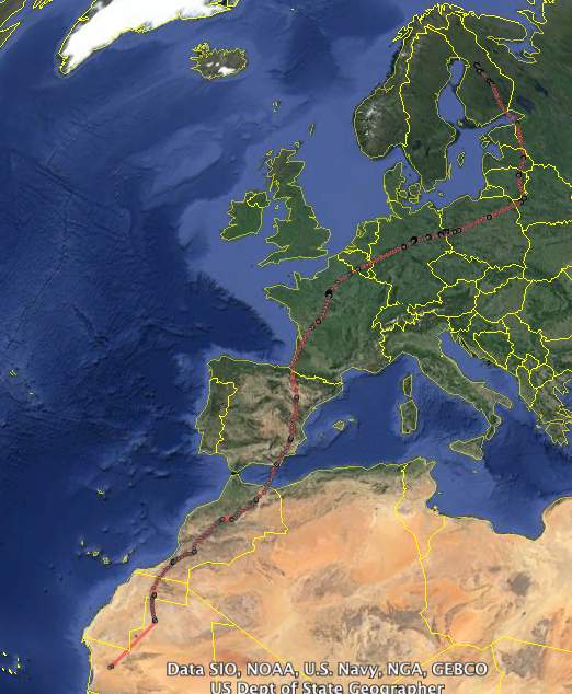 Migration route of Potku, the finnish female Pallid Harrier